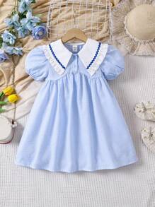 Young Girl Adorable Peter Pan Collar Ruffled Sleeve Plaid Loose Casual Dress, Blue Gingham Lantern Sleeves, Sailor Style, Suitable For Spring/Summer - Blue - View 1