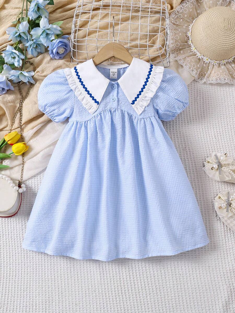 Young Girl Adorable Peter Pan Collar Ruffled Sleeve Plaid Loose Casual Dress, Blue Gingham Lantern Sleeves, Sailor Style, Suitable For Spring/Summer - Blue - View 1