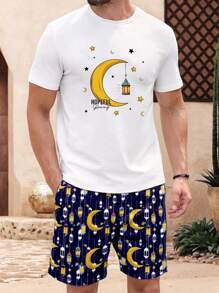 Manfinity VCAY Set 2 Potong Kaos dan Celana Pendek Rajut Putih Slim Fit Motif Bulan untuk Pria - MultiWarna - View 1