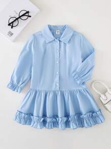 PrepCrw Young Girls Elegant Academic Blue Squirrel Embroidered Ruffle Hem Loose Front Patch Shirt Dress For Spring & Autumn