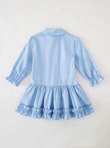 PrepCrw Young Girls Elegant Academic Blue Squirrel Embroidered Ruffle Hem Loose Front Patch Shirt Dress For Spring & Autumn