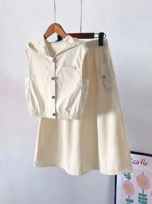 青少年女孩休闲连帽无袖纯色上衣和高腰纯色中长裙套装