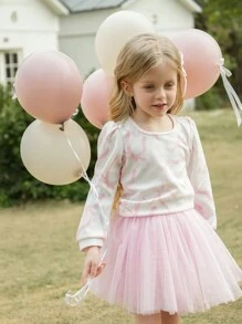 SHEIN Set da 2 pezzi per ragazze giovani: Deliziosa e dolce camicetta a maniche lunghe con stampa a fiocco + gonna tulle tinta unita, outfit morbido ed elegante, perfetto per abito da principessa, uscite, festival e raduni con famiglia e amici