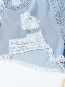 Teen Girl New Ripped Hem Fringed Low-Rise Fashionable Denim Shorts - Light Wash - View 4