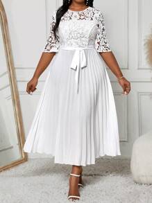 Fleurora Vestido informal de talla grande para vacaciones con unicolor, empalmado con encaje, cintura imperio, bajo plisado para verano, ropa y vestidos de mujer para otoño - Blanco - Ver 5
