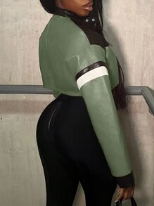 Slaydiva Autumn And Winter Casual Street Motorcycle Style Round Neck Long-Sleeved Off-Shoulder Ultra-Cut Black And Red PU Women's Jacket-E - Green - View 2