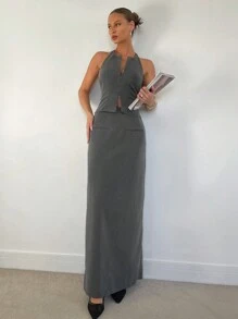 SHEIN Essnce Conjunto de dos piezas de mujer con top sin mangas con cremallera de color gris sólido para uso diario u oficina y falda larga con abertura, traje elegante/conjunto de falda para mujer/conjunto de ropa de trabajo para mujer