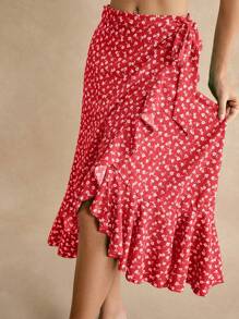 Poéselle Ditsy Floral Print Ruffle Trim Tie Side Skirt - Red - View 3