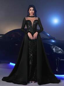 Glamrae Elegant Luxury Sequin Satin Splice Sheer Rhinestone Long Sleeve Fishtail Maxi Dress, Formal Gown, Wedding Guest Dress, Party Dress, Evening Dress - Black - View 5