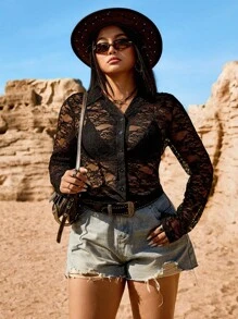 SHEIN EZwear Blusa de encaje transparente sexy y de moda para talla grande
