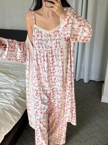 DAZY 3pcs Vacation Ditsy Floral Splice Wrap Robe, Cami Top And Loose Pants Sleepwear Set