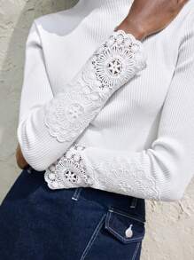 Maija Women's Casual Plain Color Lace Patchwork Slim Fit Sweater,Festival