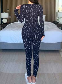 DAZY 女士碎花V领长袖上衣和裤子修身睡衣套装，秋冬服装 - 藏蓝色 - 查看 2