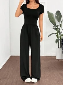 SHEIN EZwear 女士休闲黑色针织短袖连体裤 - 黑色 - 查看 5