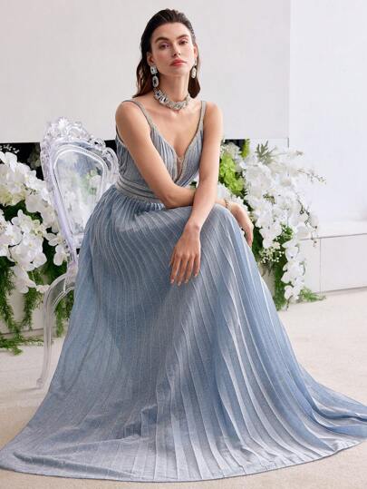 MOTF Soiréza ELEGANTE VESTIDO DE FIESTA FORMAL CON DETALLES DE PEDRERÍA, TIRANTES TIPO SPAGHETTI Y PLIEGUES