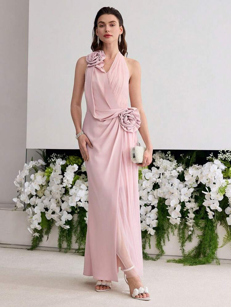 STEREO FLORAL DRAPED DRESS