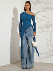 Glamine 浪漫春季不对称水母丝带荷叶边不对称斜肩短袖纯色紧身弹力网眼女式T恤 - 藍色 - 查看 5