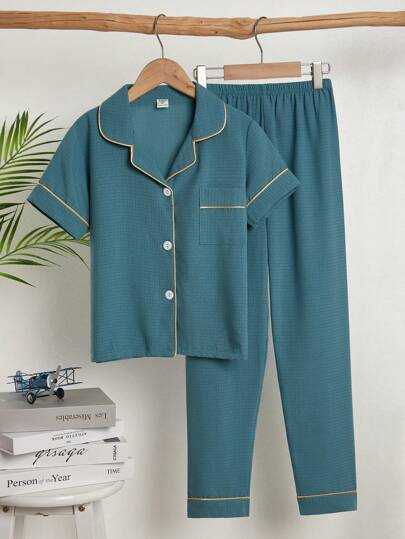 2 件套休闲纯色宽松短袖上衣和长裤睡衣套装，适合青少年男孩，绿色