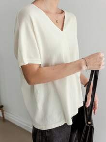 Dazy-Less Business Casual V-Neck Patchwork Design Loose Women Sweater - White - View 4