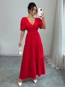 Chiquease Fashionable Everyday V-Neck Tied Backless Ruched Layered Dress For Women