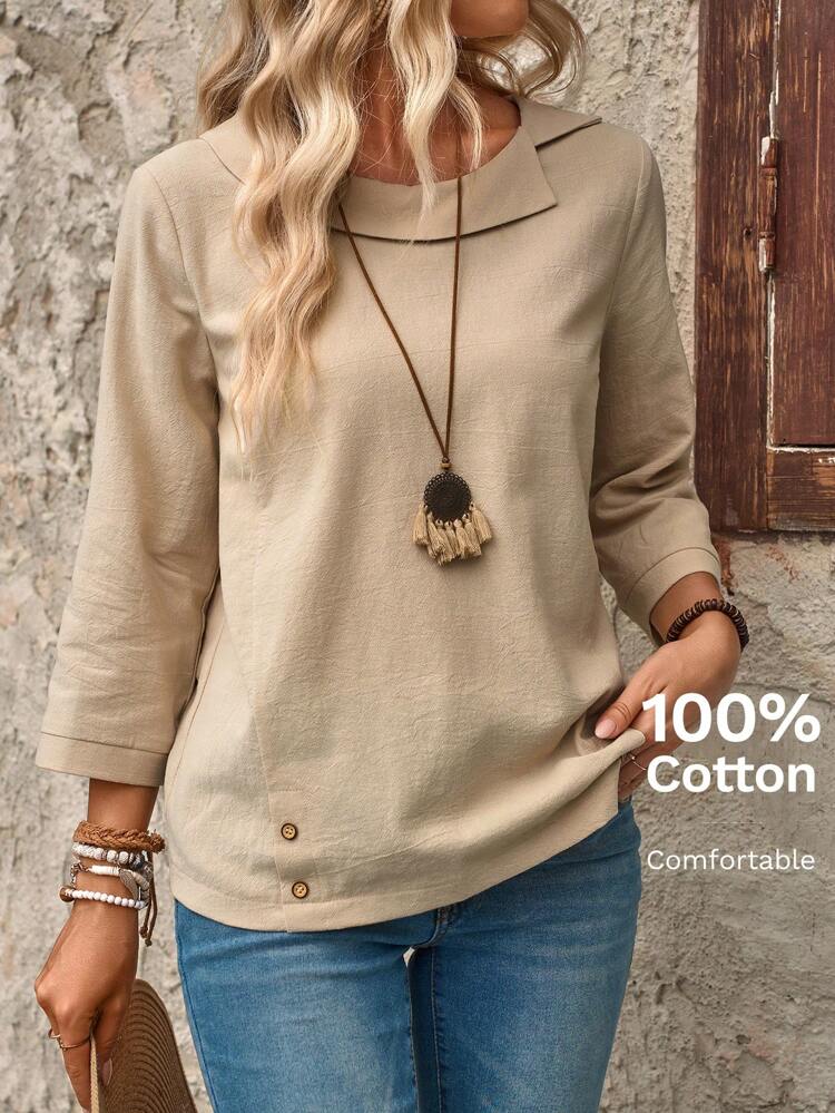 Ladies' Simple Solid Color Long Sleeve Linen Casual Shirt,Long Sleeve Tops