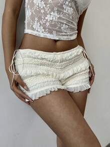 Aloruh Women's Sweet Romantic Ruffle-Trimmed Bowknot Low-Waist Mini Shorts, Spring/Summer - Apricot - View 1