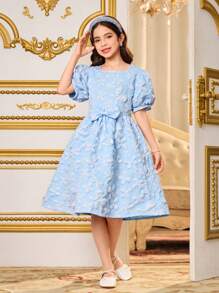 SHEIN Tween Girl Casual Fashion Ruffle Hem Plaid Print Sweet Patchwork Contrast Color Dress, Suitable For Summer, Layering, Outdoor Wear, Comfortable Soft Fabric For Casual, Party, Holiday, School - Blue - View 3
