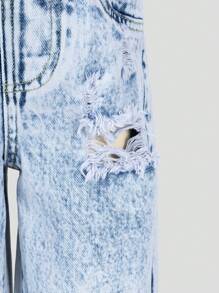 SHEIN Explorewe Young Girls' Light Blue Elastic Waist Ripped Distressed Raw Hem Simple Casual Loose Wide Leg Washed Denim Jeans, School, Campus, College - Light Wash - View 7