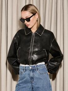 AiiRZ Premium Distressed Leather Zip-Up Bomber Jacket Contemporary Street Style Collared Fashion Outerwear Urban Casual Fall Winter Moto-Inspired