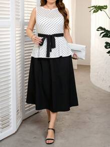 SHEIN Clasi Conjunto de 2 piezas de mujer talla grande para el Día de San Valentín, con parte superior elegante sin mangas con estampado de lunar en contraste de color y falda larga de gasa - Blanco y Negro - Ver 1