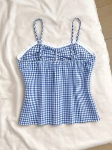 SHEIN Teen Girls' Blue & White Plaid Ruffle Bow Adjustable Strap Camisole Tops, Suitable For Summer, Sweet, Cute, School, Sports, Home,Comfortable - Blue and White - View 4