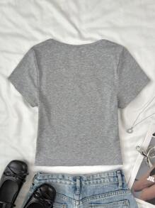 SHEIN Teen Girls Soft Gray Sweet Vintage Style Cute Lace Ruffle Bow Short Sleeve Ribbed Stretchy T-Shirt, For Lounging & Casual Wear, Spring/Summer