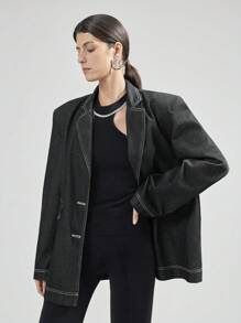 Ontre Áo khoác denim thường ngày cho nữ, thời trang tối giản để mặc hàng ngày - Màu xanh lam - Xem 9
