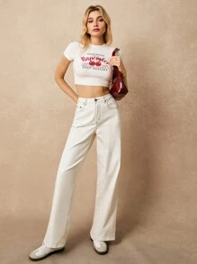 Poéselle 女式简约前扣口袋牛仔裤、白色牛仔裤、女式牛仔裤、女式裤子、女式宽松牛仔裤、高腰牛仔裤、日常休闲装 - 白色 - 查看 5