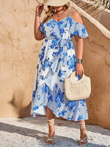 Breezaya Plus Size Women's Sleeveless Blue & White Floral Print Vacation Dress