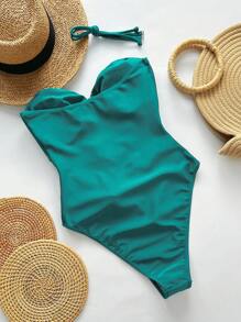 Swim Chiccia Swim Chic 女式海蓝色纯色不对称金属装饰抹胸可拆卸细肩带细肩带连体泳衣，海滩夏季装 - 水鴨藍 - 查看 5