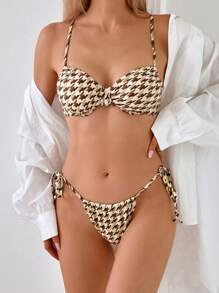 随机花卉印花褶皱女式比基尼套装，配有胸罩和系带侧裤，适合夏季海滩度假 - 彩色 - 查看 1