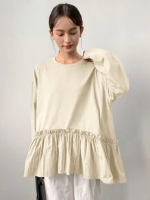 FRIFUL Women Casual Ruffle Hem Patchwork Loose T-Shirt - Beige - View 5