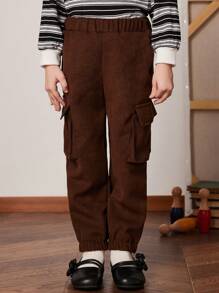 PrepCrw Pantalones cargo con cintura elástica para niñas pequeñas de primavera/verano - Marrón - Ver 5