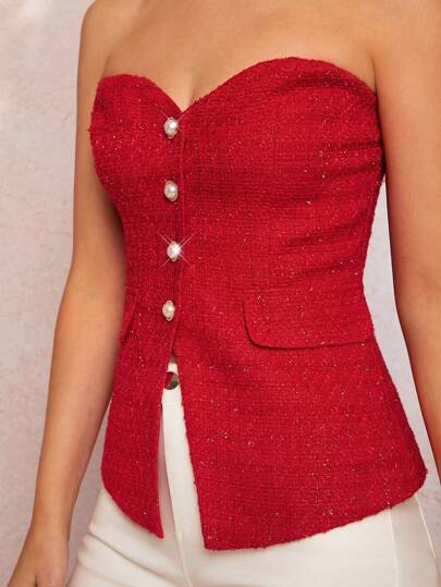 SHEIN Clasi Women Elegant Red Bandeau-Style Pearl Button Decor Versatile Sleeveless Camisole Top