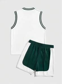 ROMWE MEN Men's Prep Letter Graphic Trim Tank Top And Shorts Set - Multicolor - View 2