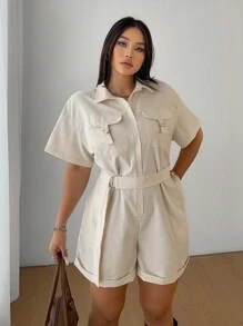 POPSWAY 大码春夏纯色休闲宽松衬衫领阔腿短裤，带大口袋，束腰修身连体衣