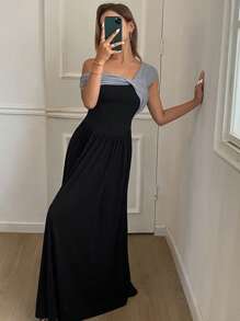 DAZY Splice Contrast Color Off Shoulder Bodycon Dress, Elegant For Holiday/Vacation Wear, Summer & Spring Sundress Maxi Dress - Black - View 6
