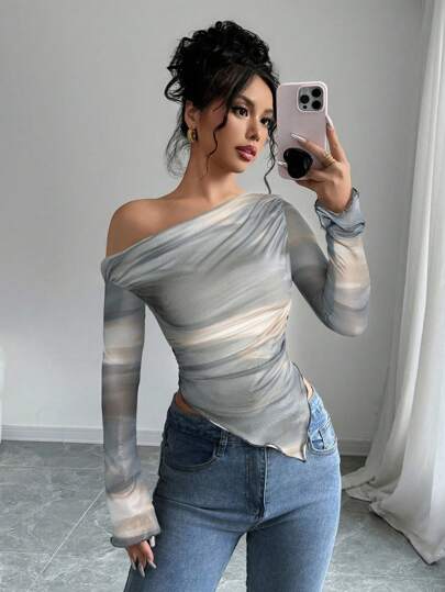 Firerie Women's Asymmetric Neck Tie-Dye Print Long Sleeve T-Shirt