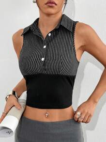 SHEIN EZwear 女式撞色条纹修身无袖纽扣背心 - 黑色 - 查看 5