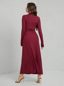 SHEIN Tall Women's Solid Color Ruffle Trim Round Neck Long Sleeve Dress, Elegant For Autumn - Burgundy - View 2
