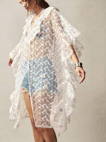 Bohemela Boho Women's Floral Sheer Mesh Batwing Sleeve Loose Top, Beach Cover Up - White - View 3