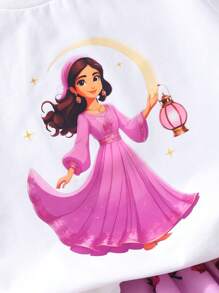 Tween Girls Summer Cute Lantern & Girl Print T-Shirt With Fuchsia Ruffle Cake Skirt Set,Holiday,Summer,Travel - Hot Pink - View 8