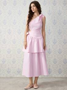 SHEIN MOD 不对称领口蝴蝶结腰部拼布飘逸下摆长裙，粉色 - 粉色 - 查看 8