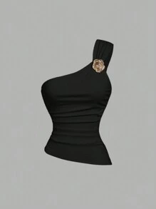 SHEIN MOD Women's Black Color Ruched Hem Gold Brooch Decor Asymmetrical Neck Tank Top, Party Wear,Sparkle Top,New Years Women - Black - View 5